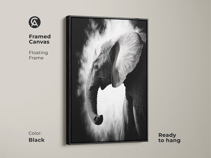 Black framed canvas with a monochrome elephant artwork ready to hang. The floating frame enhances the high-contrast wildlife print. This contemporary animal decor adds a sophisticated touch to any room. Perfect for elephant art enthusiasts.