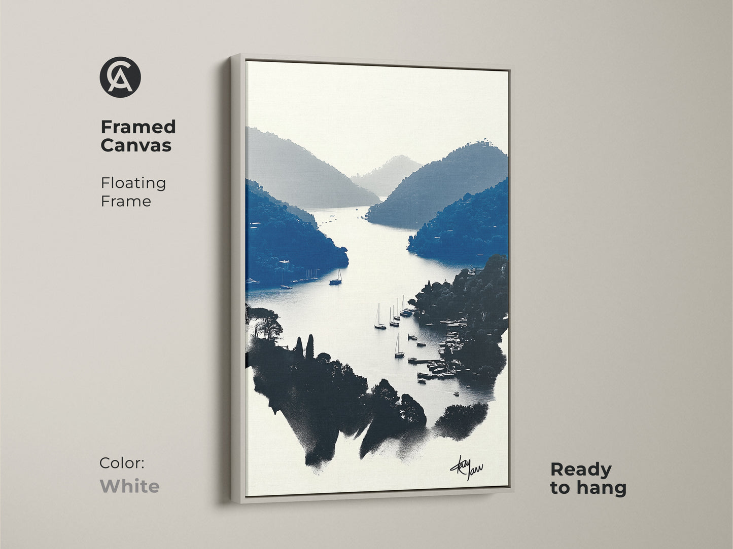 Framed in white. This minimalist coastal art print is a modern touch. This boat canvas wall art offers a serene landscape. The contemporary travel art is a great gift idea. Add this nautical home decor to any residential wall.