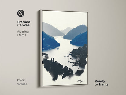 Framed in white. This minimalist coastal art print is a modern touch. This boat canvas wall art offers a serene landscape. The contemporary travel art is a great gift idea. Add this nautical home decor to any residential wall.