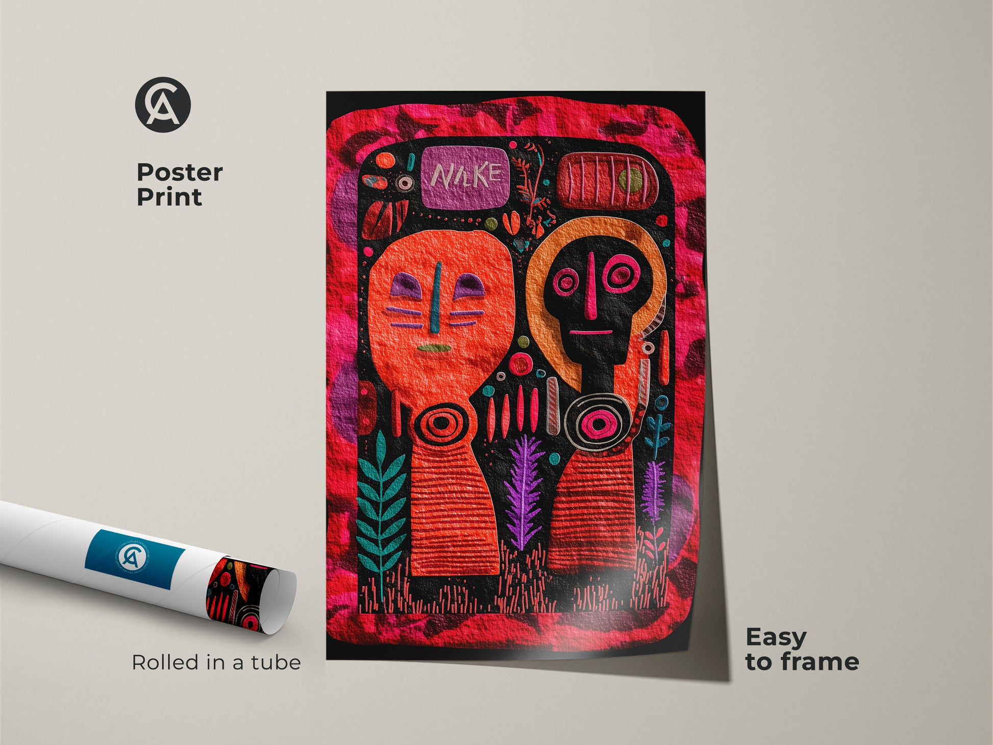 Poster Print of Naïve Folk Art featuring eclectic abstract faces. The orange red and magenta geometric art is rolled in a tube ready to frame. A housewarming gift idea for art lovers. The tribal figurative wall decor brings a touch of boho style to any living room. Colorful geometric pattern print.