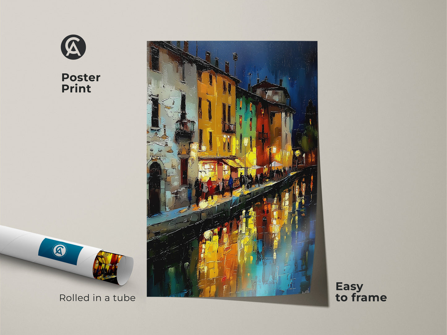 Night Cityscape Poster Print. European canal houses artwork rolled in a tube. This blue orange yellow artwork makes a great travel lover gift. Easy to frame for any apartment living room or entryway. A perfect art print for him or her.