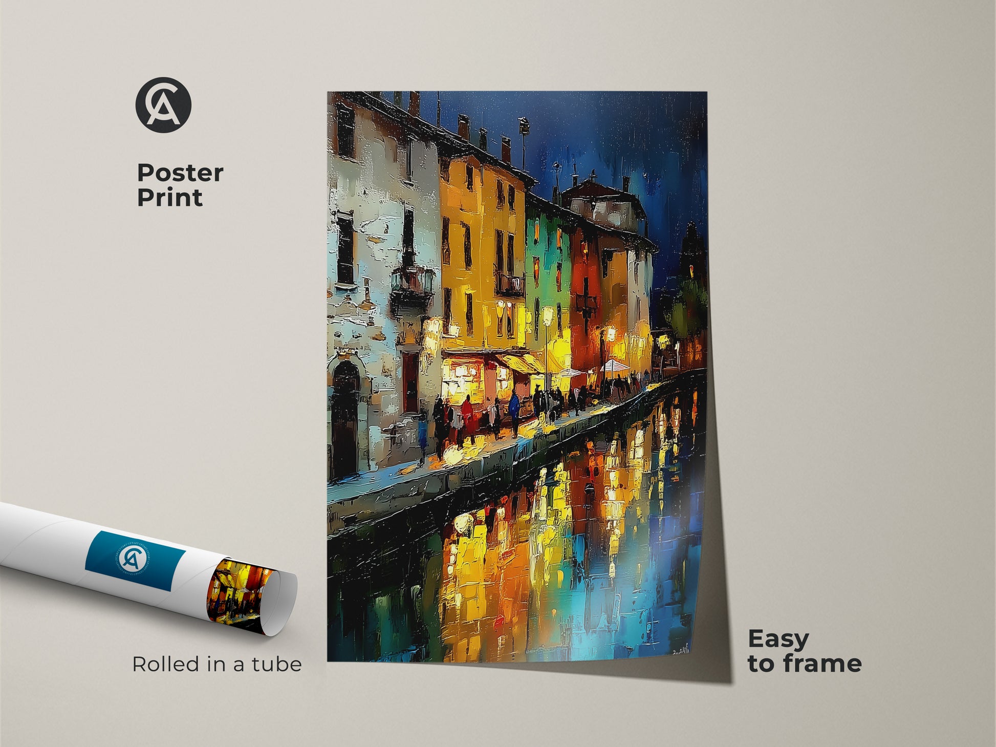 Night Cityscape Poster Print. European canal houses artwork rolled in a tube. This blue orange yellow artwork makes a great travel lover gift. Easy to frame for any apartment living room or entryway. A perfect art print for him or her.