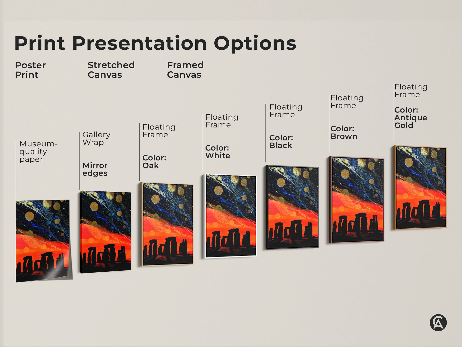 Print presentation options. Poster print and stretched canvas. Framed canvas in black brown antique gold oak and white. Choose your style for this Stonehenge night cosmic starry sky wall artwork. Add abstract fantasy to your home.