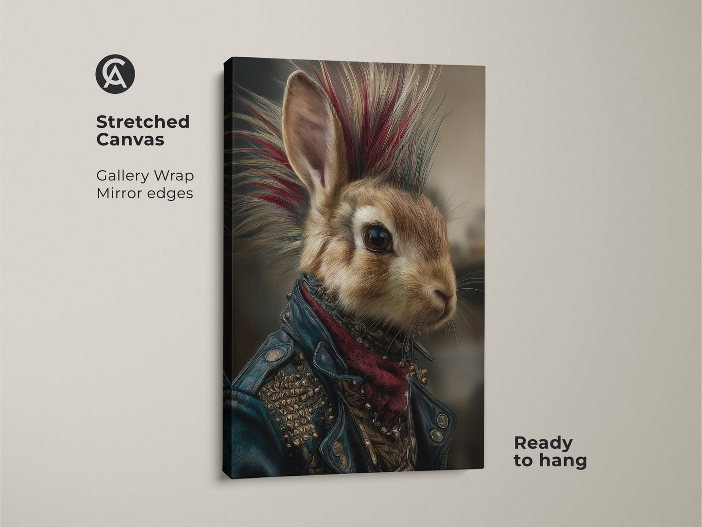 Poster art of a punk rock rabbit with a mohawk and leather jacket rolled in a tube. This unique animal art brings a gothic and rebellious aesthetic to your walls. Ready to frame it is ideal for eclectic home decor.
