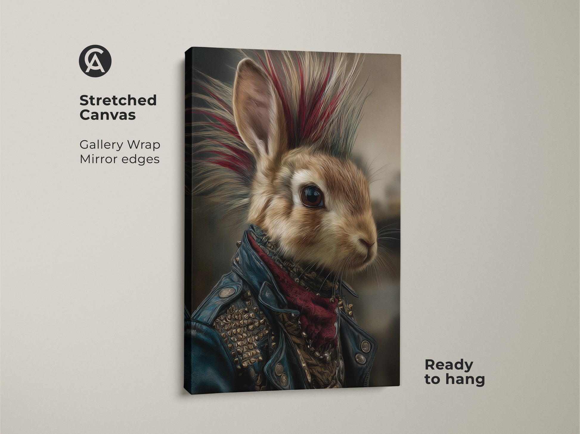 Poster art of a punk rock rabbit with a mohawk and leather jacket rolled in a tube. This unique animal art brings a gothic and rebellious aesthetic to your walls. Ready to frame it is ideal for eclectic home decor.