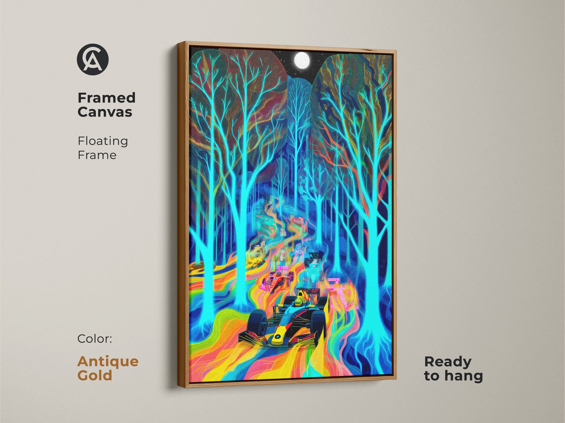 Framed canvas of a neon rainbow Formula 1 car in a psychedelic forest. The antique gold floating frame enhances the surreal artwork. This is ready to hang and will add a vibrant touch to your home.