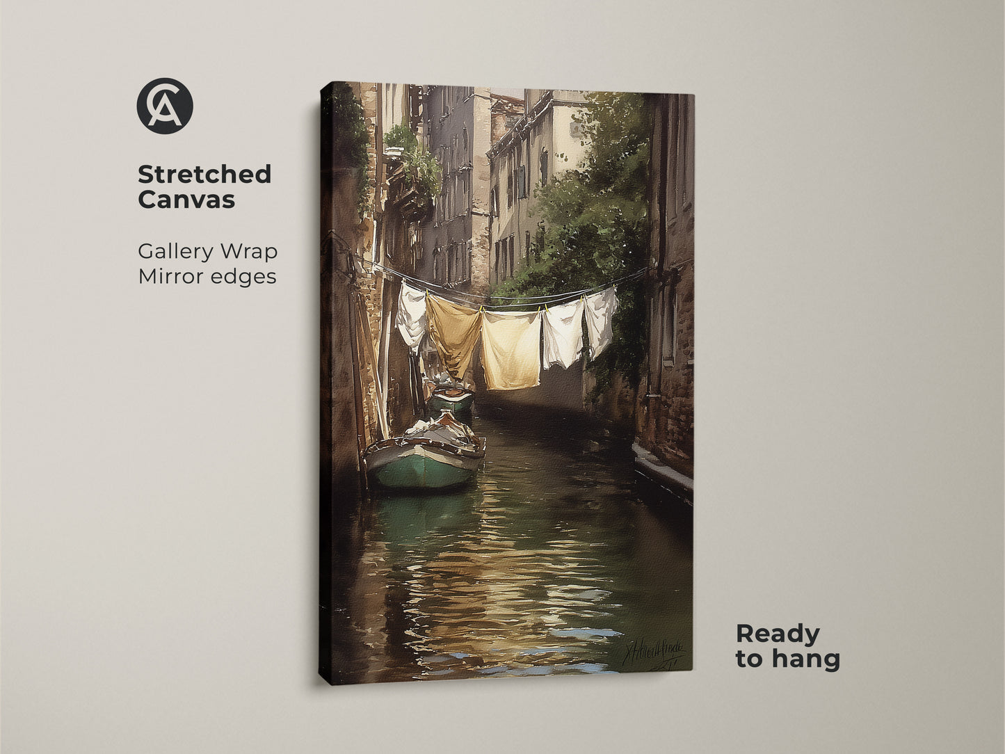 Stretched canvas art showcases a Venetian canal with a boat and hanging laundry. The gallery wrap and mirrored edges enhance this impressionistic cityscape wall art. Ready to hang this traditional European home decor adds character to any space. Perfect waterscape painting print.