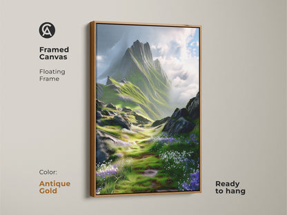 Framed canvas with a floating antique gold frame displaying a green and blue mountain landscape art print. Impressionistic wildflower scenery nature artwork ready to hang.