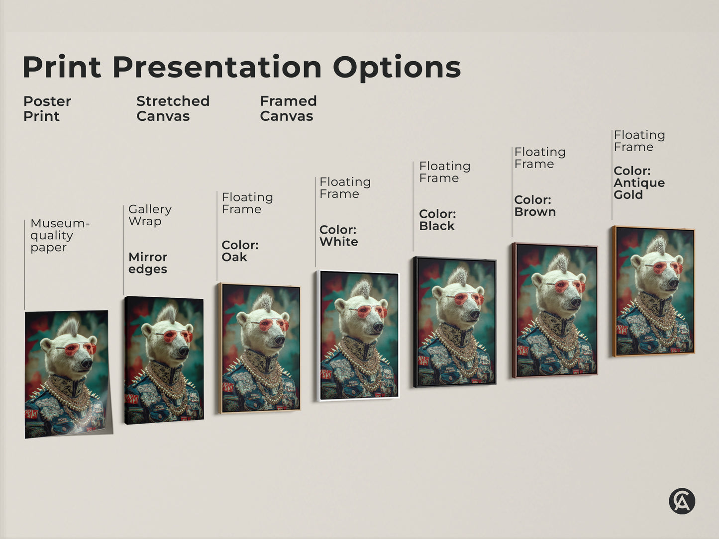 Various print options are displayed with a polar bear punk rocker. The poster print canvas is museum quality. The frame colors vary from Oak to White. The navy red teal artwork has an eclectic style