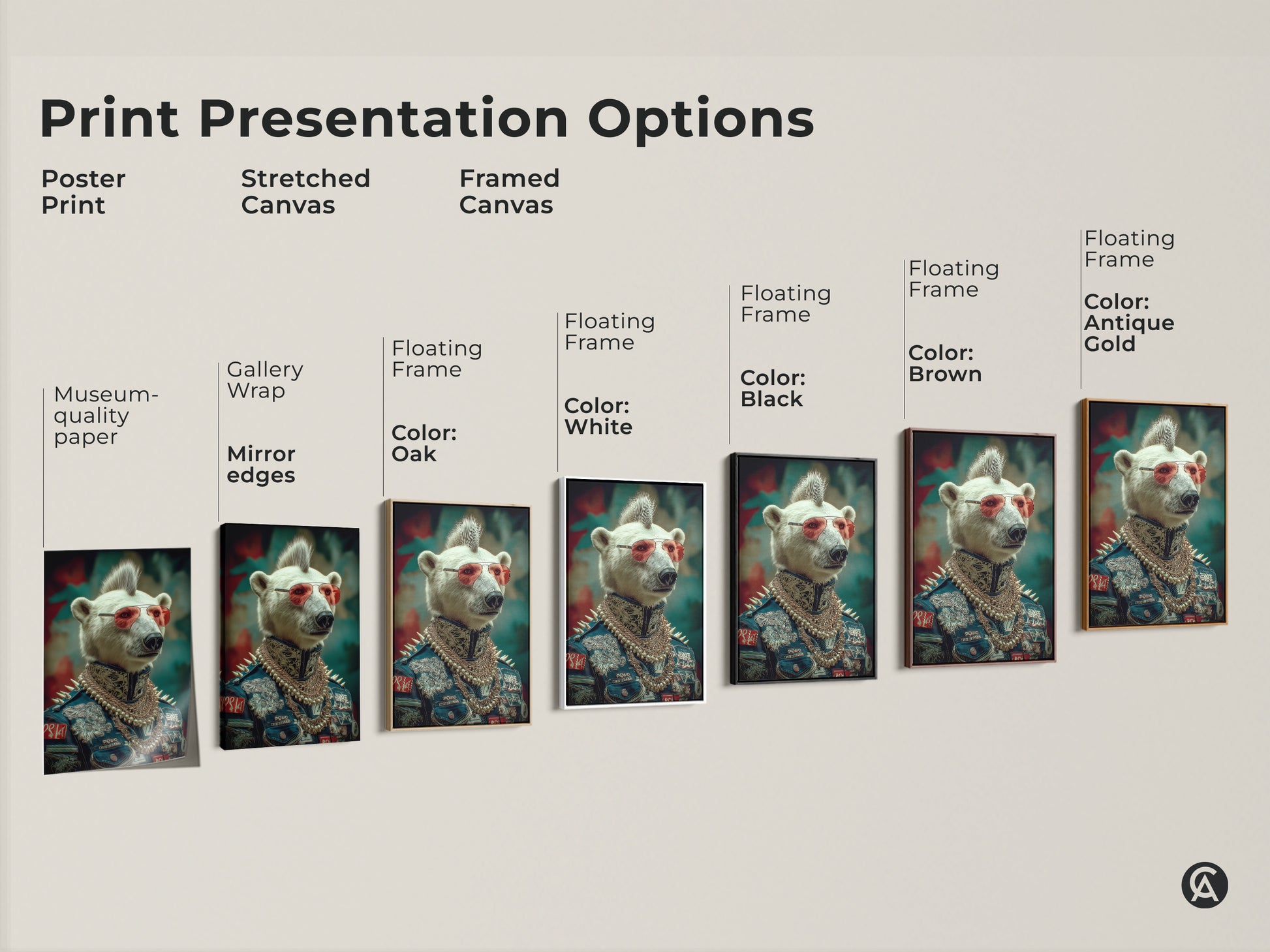 Various print options are displayed with a polar bear punk rocker. The poster print canvas is museum quality. The frame colors vary from Oak to White. The navy red teal artwork has an eclectic style