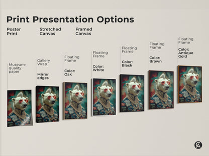 Various print options are displayed with a polar bear punk rocker. The poster print canvas is museum quality. The frame colors vary from Oak to White. The navy red teal artwork has an eclectic style