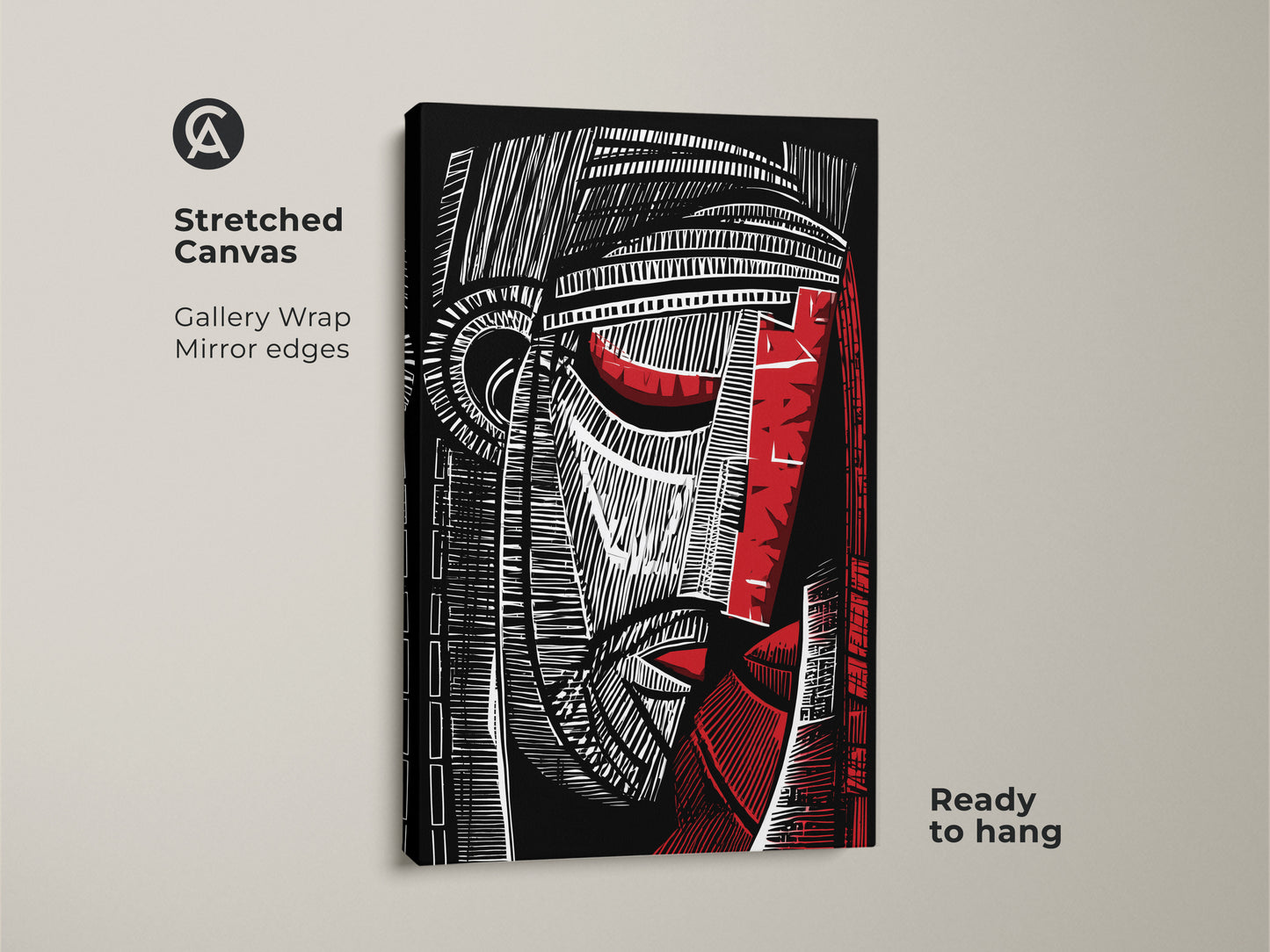 Stretched canvas featuring an abstract face portrait in black red and white. This gallery-wrapped cubist artwork has mirror edges and is ready to hang. A modern figurative art print perfect for adding a bold touch to any office or study.