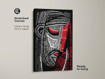 Stretched canvas featuring an abstract face portrait in black red and white. This gallery-wrapped cubist artwork has mirror edges and is ready to hang. A modern figurative art print perfect for adding a bold touch to any office or study.