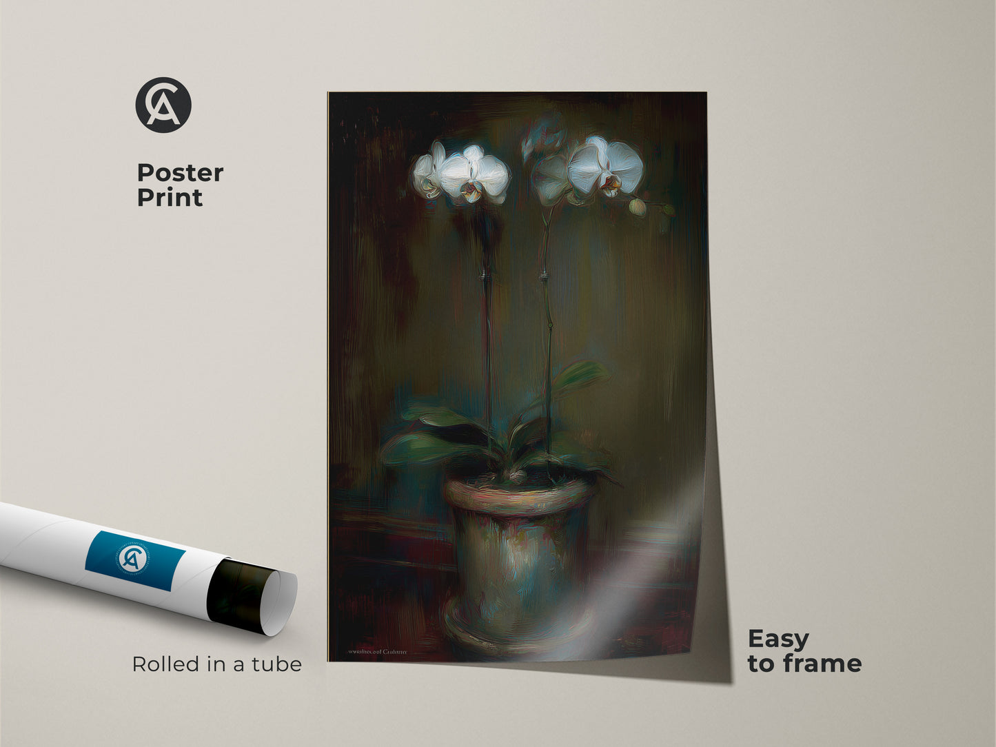 Poster print of an emerald green orchid art piece. The rolled canvas showcases a painterly floral design. Easy to frame contemporary botanical artwork. Perfect for adding a touch of green teal art to bedroom walls. A thoughtful gift.