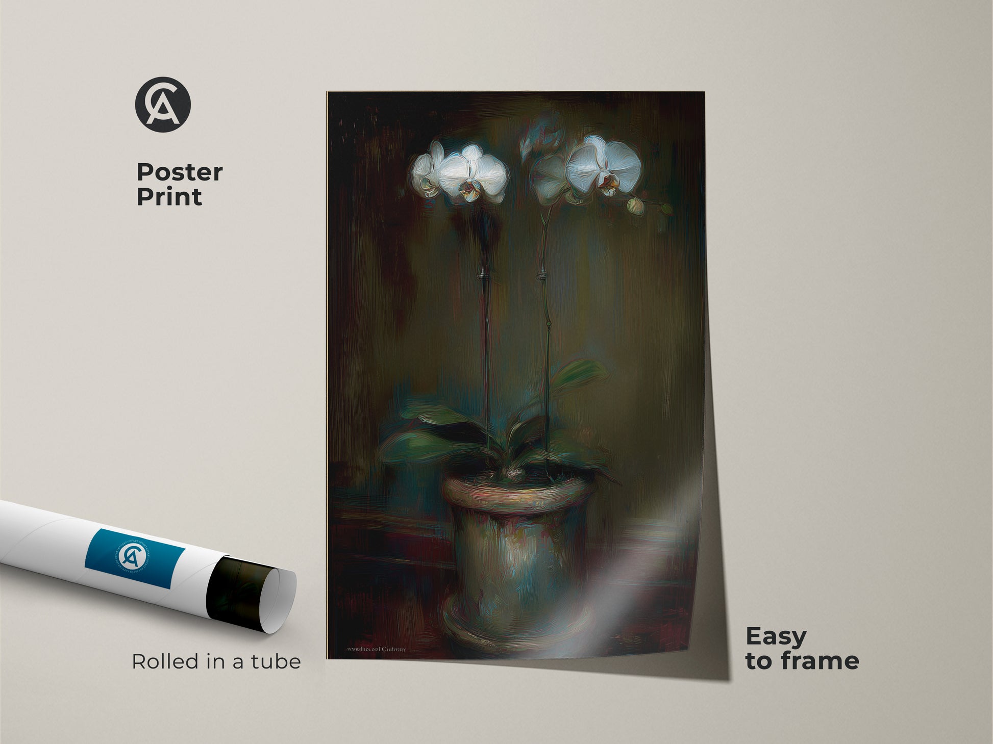 Poster print of an emerald green orchid art piece. The rolled canvas showcases a painterly floral design. Easy to frame contemporary botanical artwork. Perfect for adding a touch of green teal art to bedroom walls. A thoughtful gift.