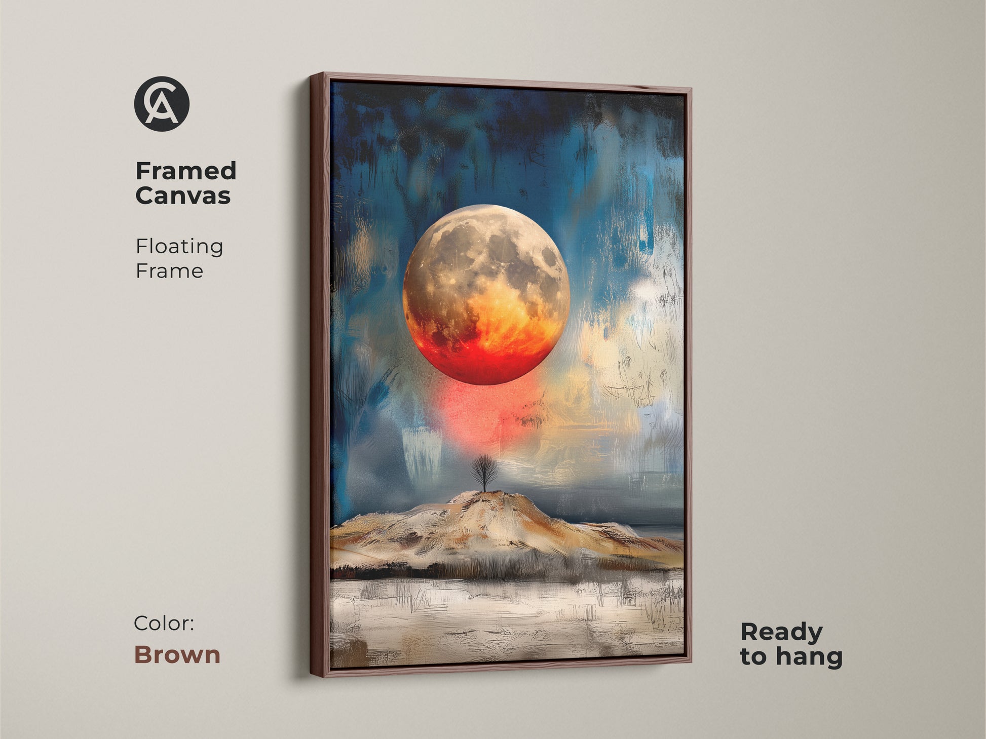 Brown framed canvas print features a textured abstract moon. The celestial landscape artwork has a floating frame ready to hang. This space painting enhances bedroom or office decor. Perfect gift for those who appreciate moon and landscape art.
