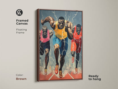 Framed canvas featuring dynamic running canvas art. Brown floating frame complements the expressionist runner artwork. Ready to hang. Enhance your home office or gym with this sports action painting.
