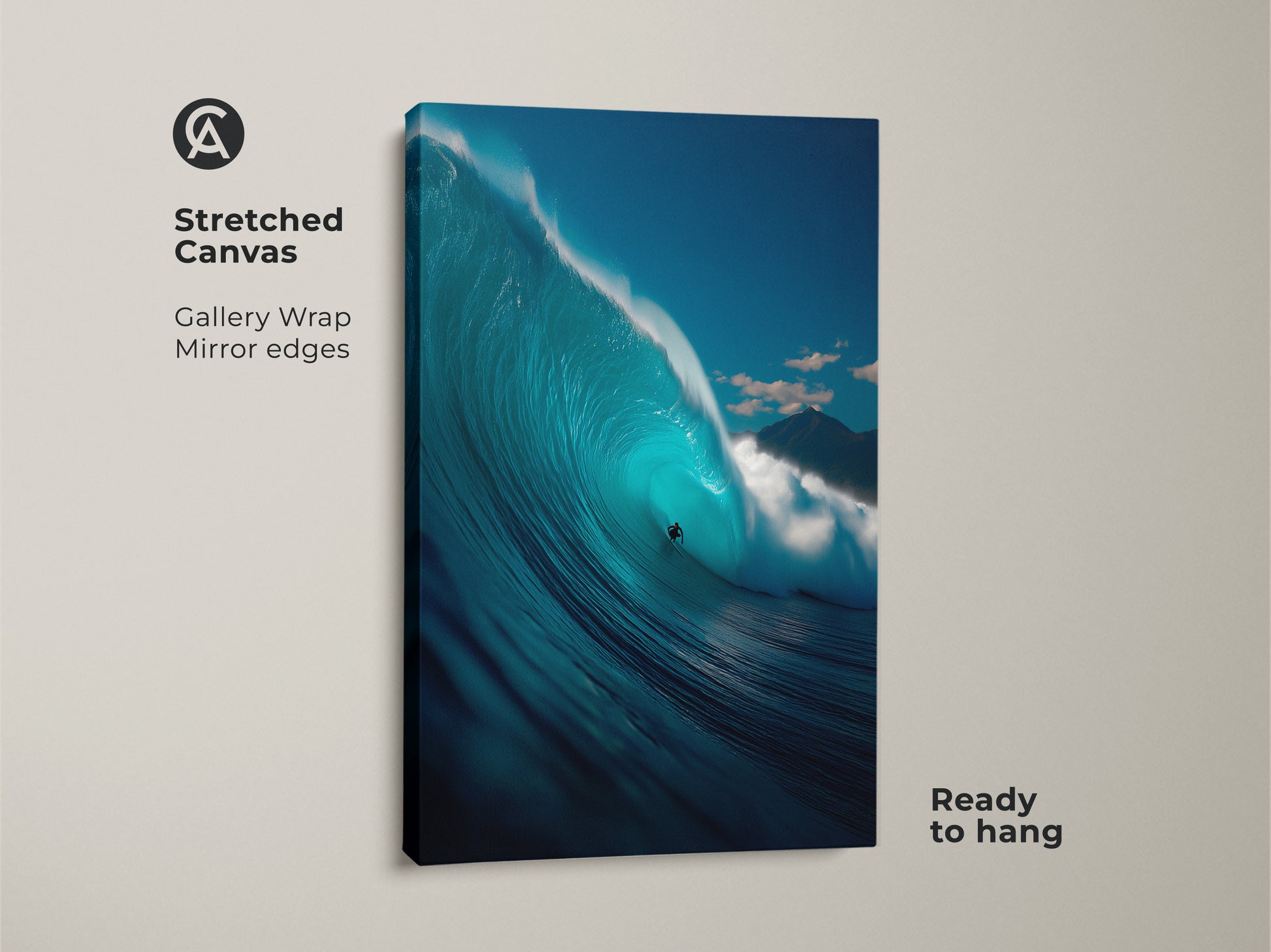 Stretched canvas art print of a surfer riding a big wave. This gallery-wrapped canvas features mirrored edges. This stunning ocean art comes ready to hang. A beautiful and modern piece.