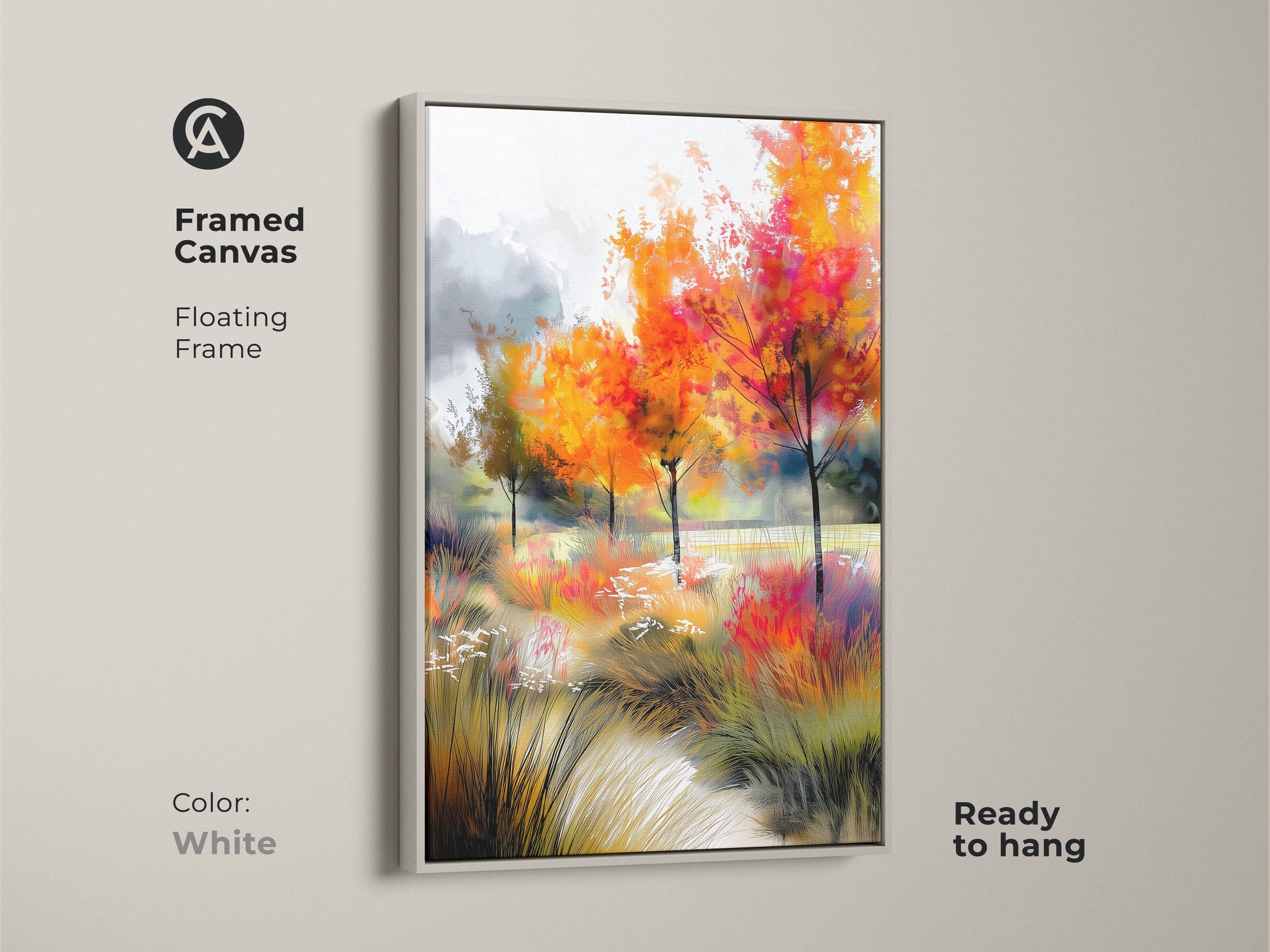 Enhance your home decor with this framed canvas art print in a floating white frame. The artwork features a scenic autumn trees landscape. Ready to hang this piece adds sophistication to any room. Enjoy the beauty of nature with this stylish and high-quality canvas.