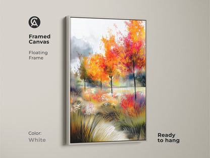 Enhance your home decor with this framed canvas art print in a floating white frame. The artwork features a scenic autumn trees landscape. Ready to hang this piece adds sophistication to any room. Enjoy the beauty of nature with this stylish and high-quality canvas.