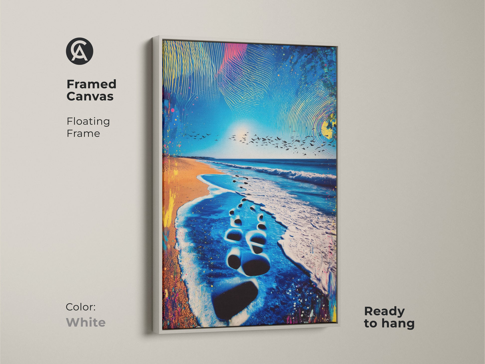 White framed abstract beach canvas presents ocean footprints under a turquoise sky. This coastal art print is ready to hang bringing a fresh summer vibe. Enhance your home decor with this eclectic beach artwork.