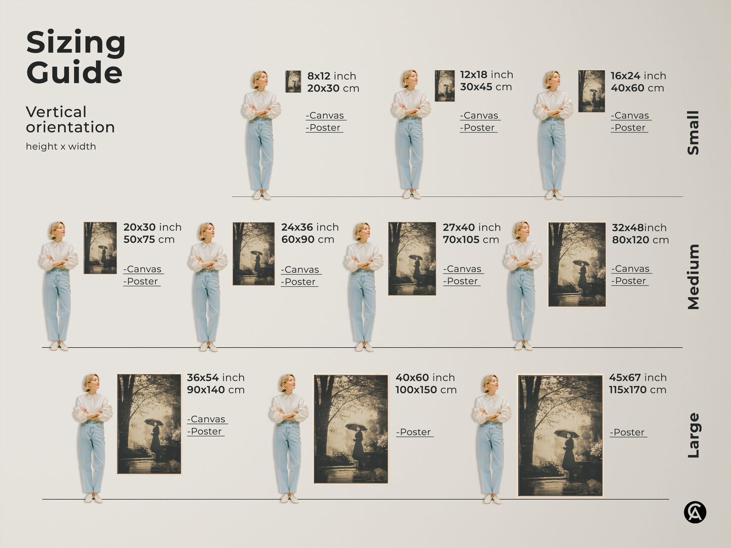 Sizing guide for vertical art prints. Sizes range from small to large. Options include canvas and poster prints. Find the perfect fit for your space. Visualize art print sizes for your home decor.