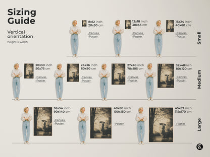Sizing guide for vertical art prints. Sizes range from small to large. Options include canvas and poster prints. Find the perfect fit for your space. Visualize art print sizes for your home decor.