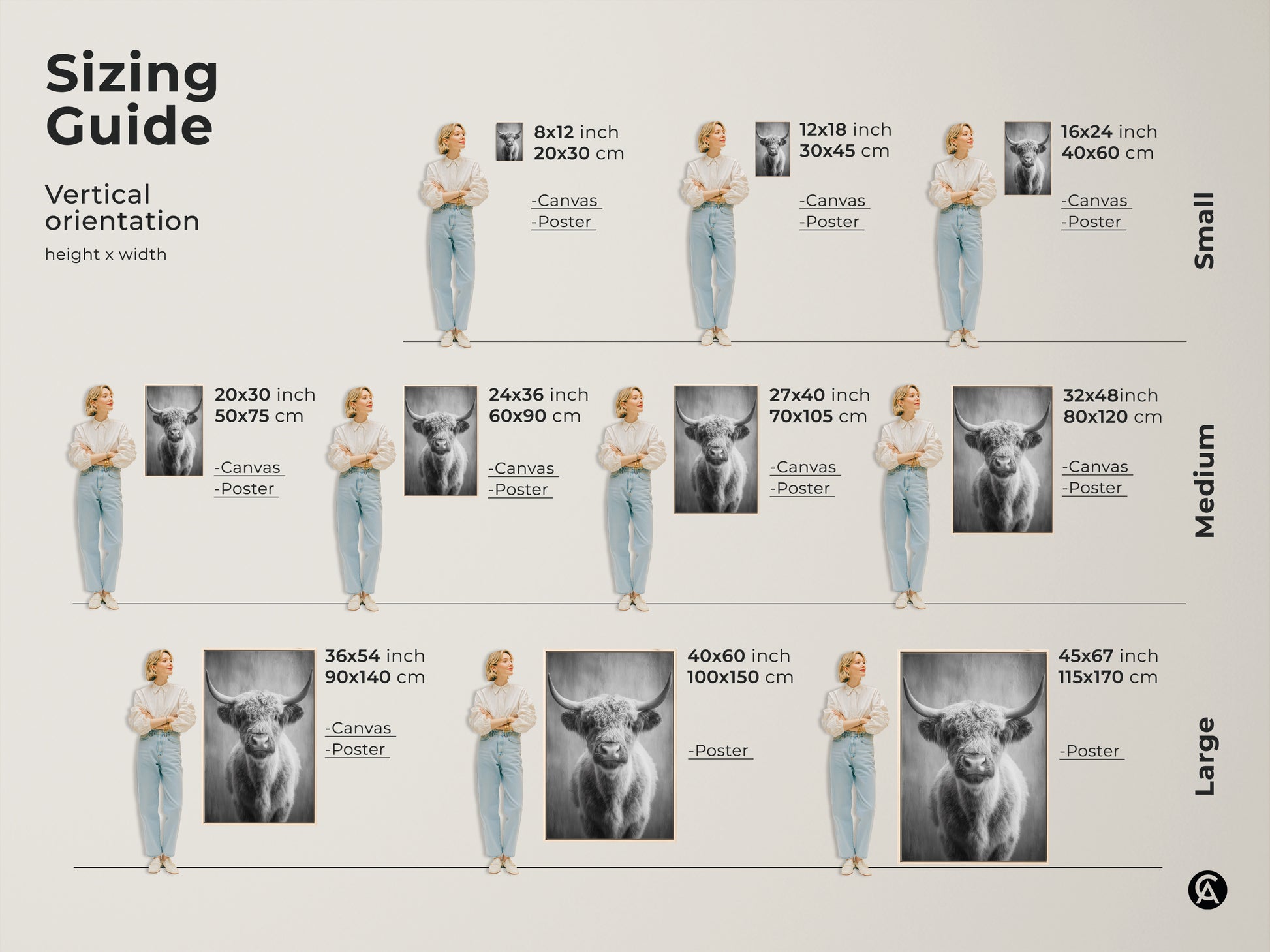 Sizing guide for the monochrome highland cow art print. Vertical orientation options for canvas and poster in small medium and large sizes. This rustic farmhouse decor is ideal as bedroom wall art. A scandi farmhouse art piece.