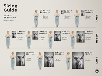 Sizing guide for the monochrome highland cow art print. Vertical orientation options for canvas and poster in small medium and large sizes. This rustic farmhouse decor is ideal as bedroom wall art. A scandi farmhouse art piece.