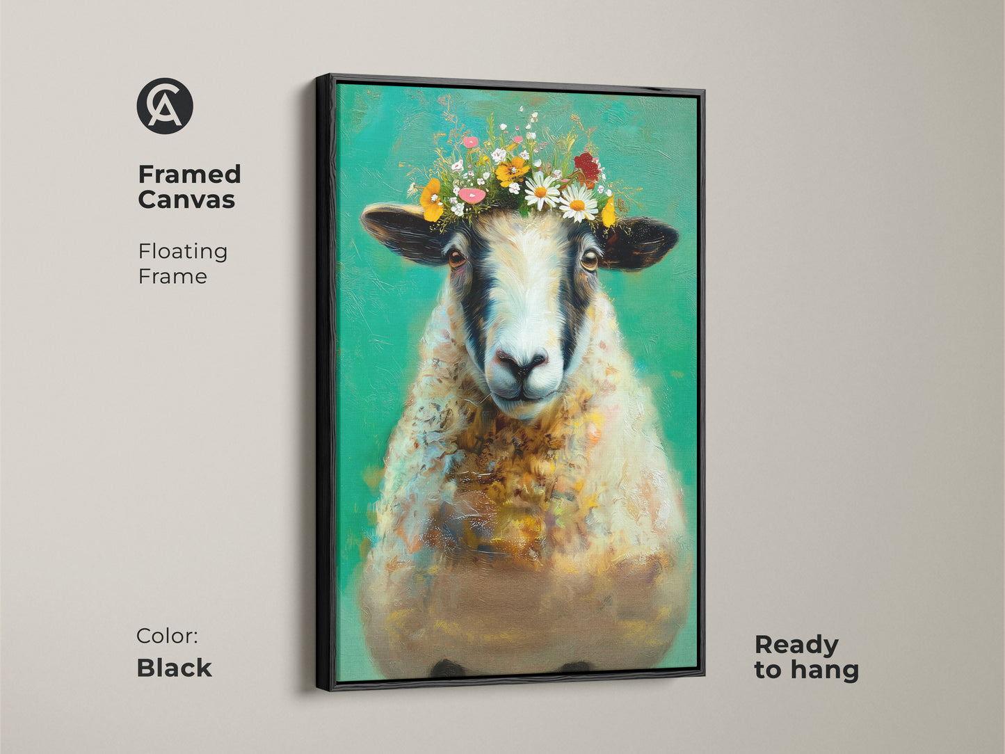 Framed canvas art featuring a sheep with a flower crown. The black floating frame adds a modern touch. The emerald green and teal tones enhance the rustic wall decor. Ready to hang this animal art is great for the dining room. A perfect housewarming gift idea for animal lovers.
