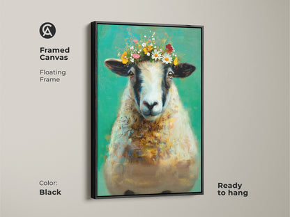 Framed canvas art featuring a sheep with a flower crown. The black floating frame adds a modern touch. The emerald green and teal tones enhance the rustic wall decor. Ready to hang this animal art is great for the dining room. A perfect housewarming gift idea for animal lovers.