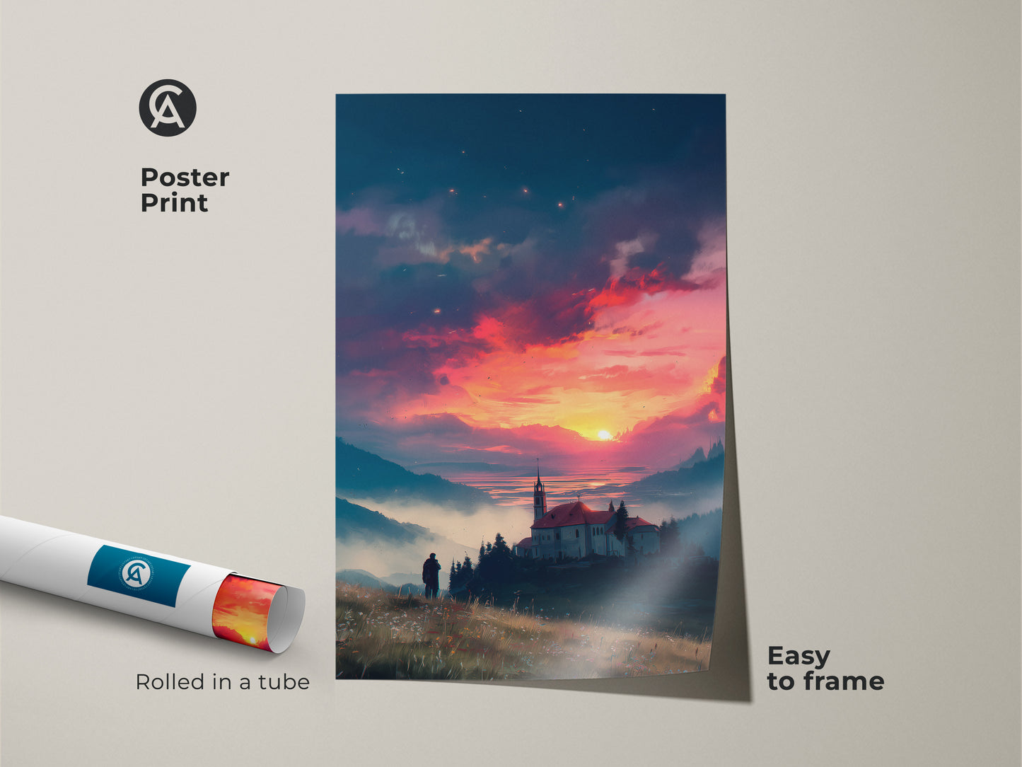 Enhance your space with this sunset landscape poster print. The artwork comes rolled in a tube. It is easy to frame. The image features a tranquil sunset view with a church and a lone figure in the foreground. Museum-quality paper.