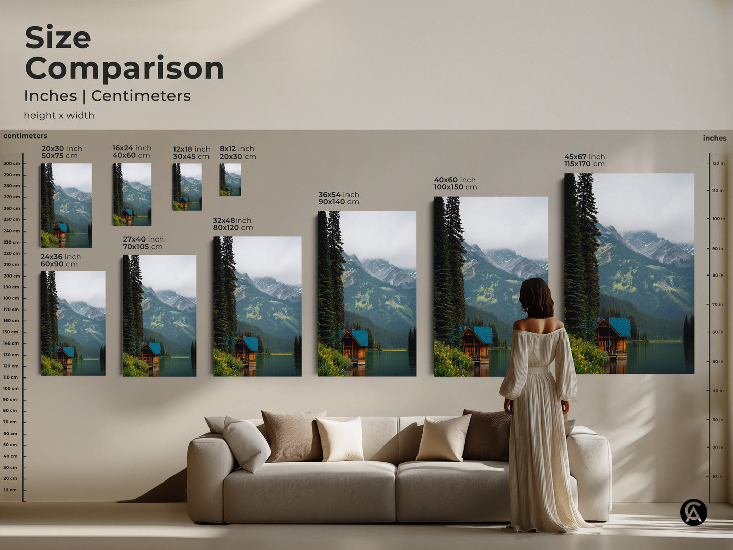 Size Comparison for Forest Mountain Lake Canvas. See how the artwork looks in different sizes above a sofa. From 20x30 inch to 45x67 inch options available. Visualize the perfect fit for your living room.