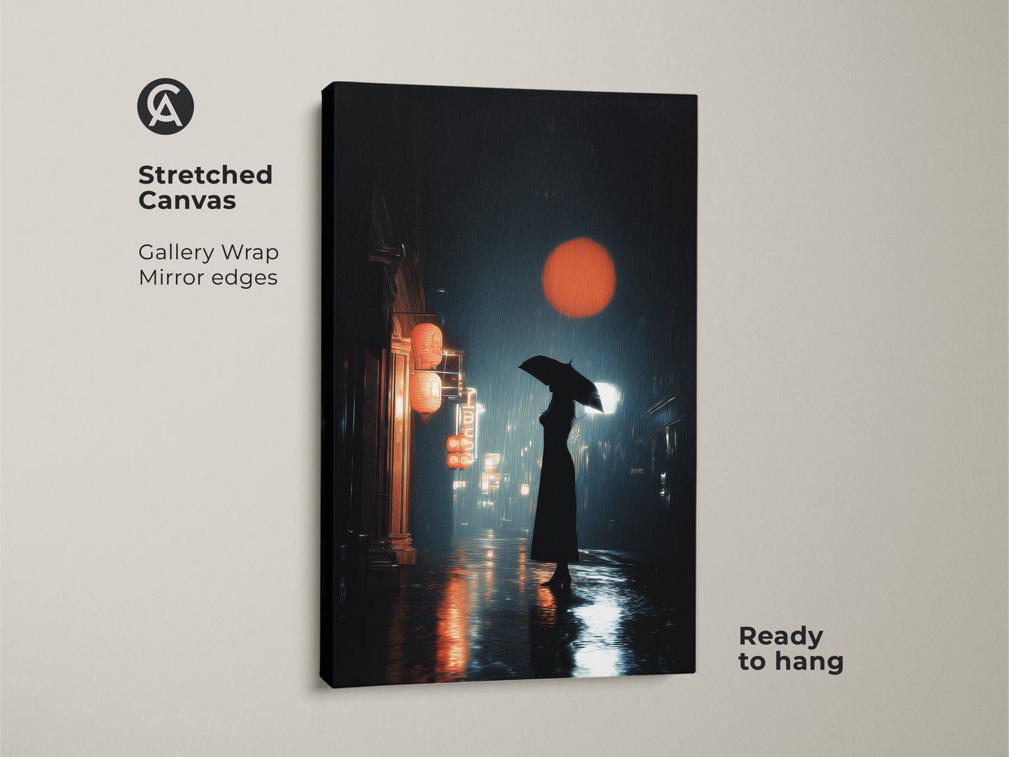 Stretched canvas art shows a cinematic urban cityscape. It features a woman with an umbrella on a rainy night. Red lanterns and orange sun art create travel decor. A unique housewarming gift.