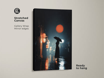 Stretched canvas art shows a cinematic urban cityscape. It features a woman with an umbrella on a rainy night. Red lanterns and orange sun art create travel decor. A unique housewarming gift.