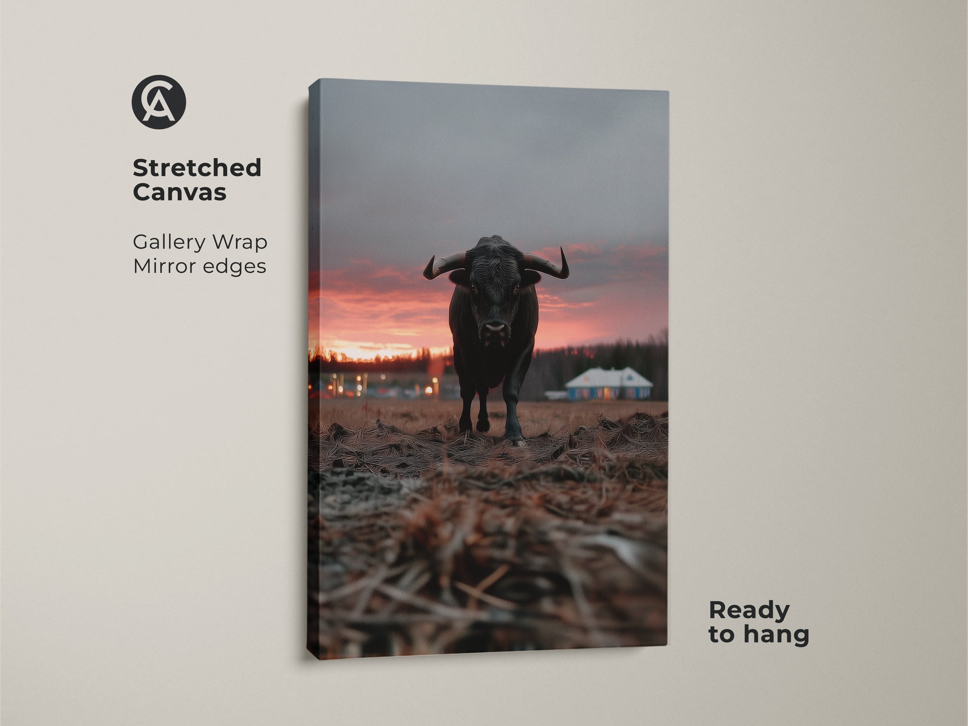 Stretched bull canvas art ready to hang. This gallery wrap features mirror edges. It is a rustic farmhouse wall decor. The crimson orange grey animal art creates entryway home decor gift. Rural house landscape art is visible.