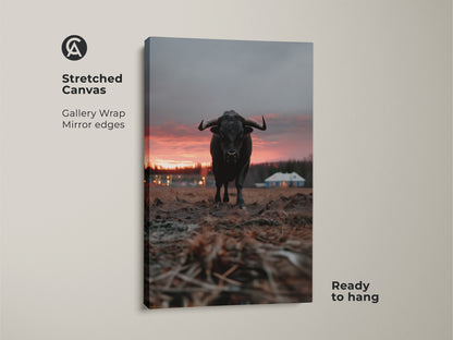 Stretched bull canvas art ready to hang. This gallery wrap features mirror edges. It is a rustic farmhouse wall decor. The crimson orange grey animal art creates entryway home decor gift. Rural house landscape art is visible.
