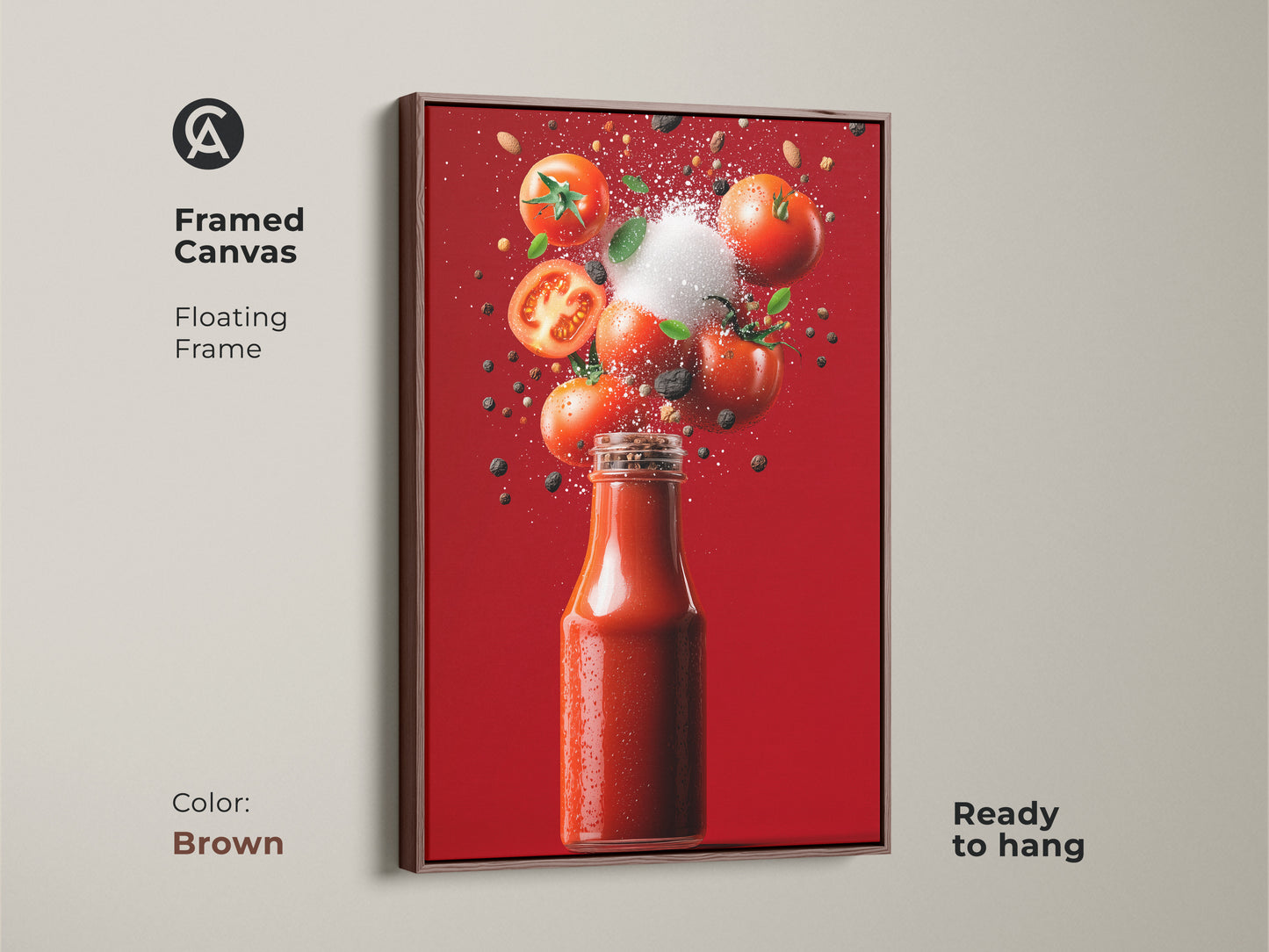 Framed canvas with floating frame showcasing a Tomato Ketchup Still Life. This kitchen art features a ketchup bottle and fresh tomatoes. The frame color is brown. This piece is ready to hang.
