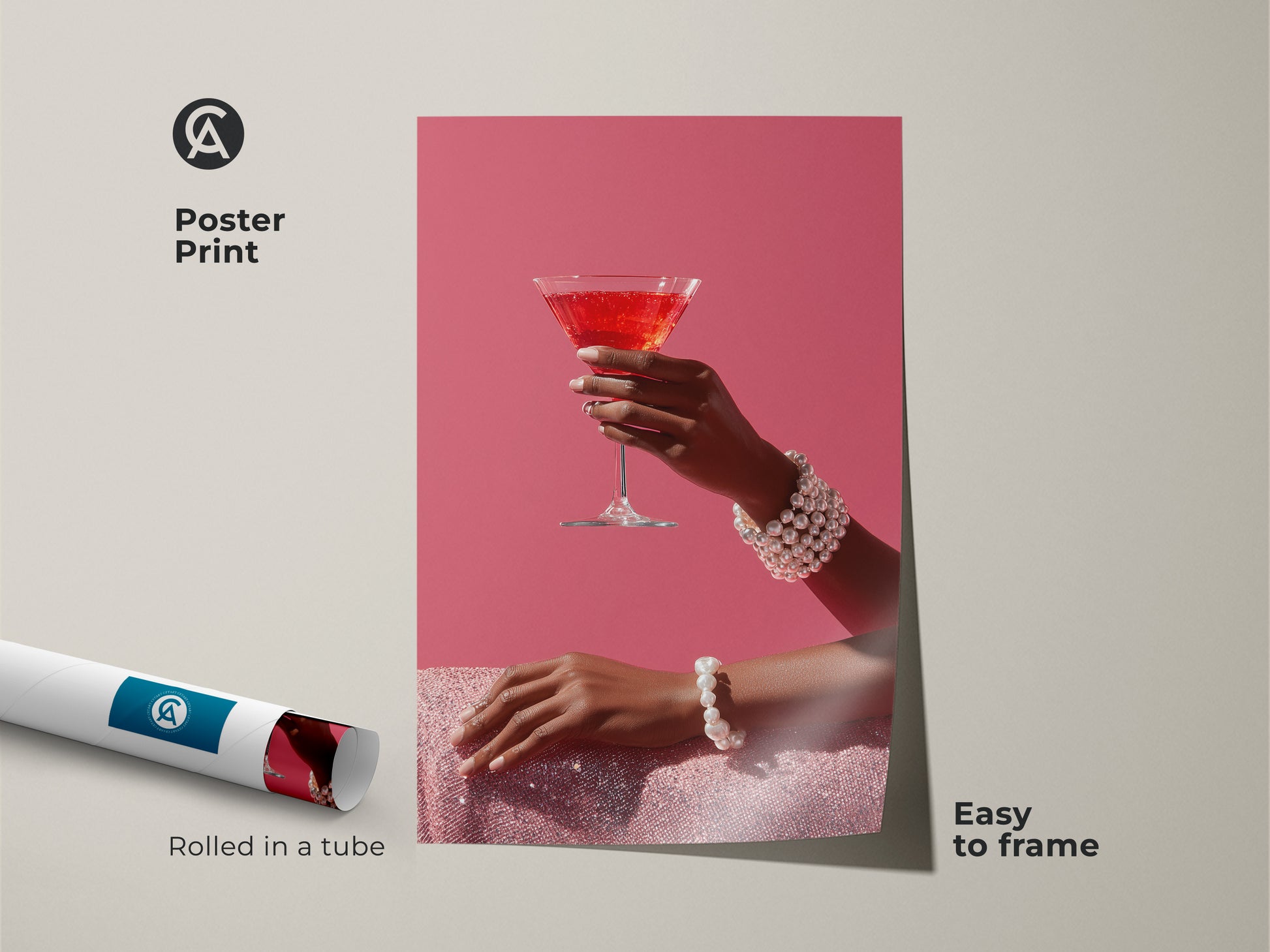 This pink martini art print is an easy-to-frame poster. It's a chic bar decor art that adds a trendy touch. The artwork features a hand with a pearl bracelet. This contemporary drink artwork is perfect for a modern bar area. Rolled in a tube for protection.