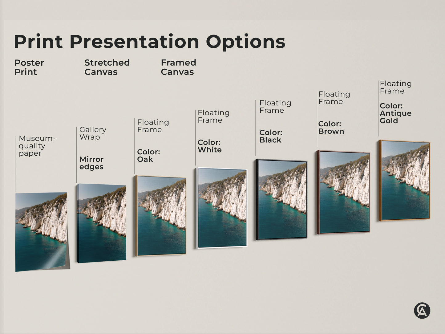 Print presentation options for ocean cliff artwork. Choose from poster print stretched canvas or framed canvas with museum-quality edges gallery wrap and floating frame color options.