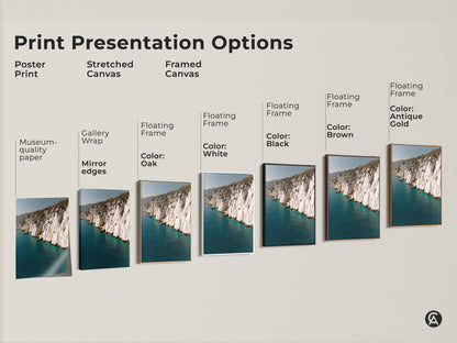 Print presentation options for ocean cliff artwork. Choose from poster print stretched canvas or framed canvas with museum-quality edges gallery wrap and floating frame color options.