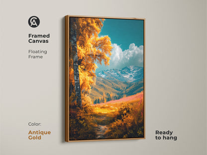 Experience the beauty of autumn with this framed canvas art. The antique gold floating frame enhances the golden landscape. A birch tree stands tall against snow-capped mountains. This ready-to-hang piece adds elegance to your decor.