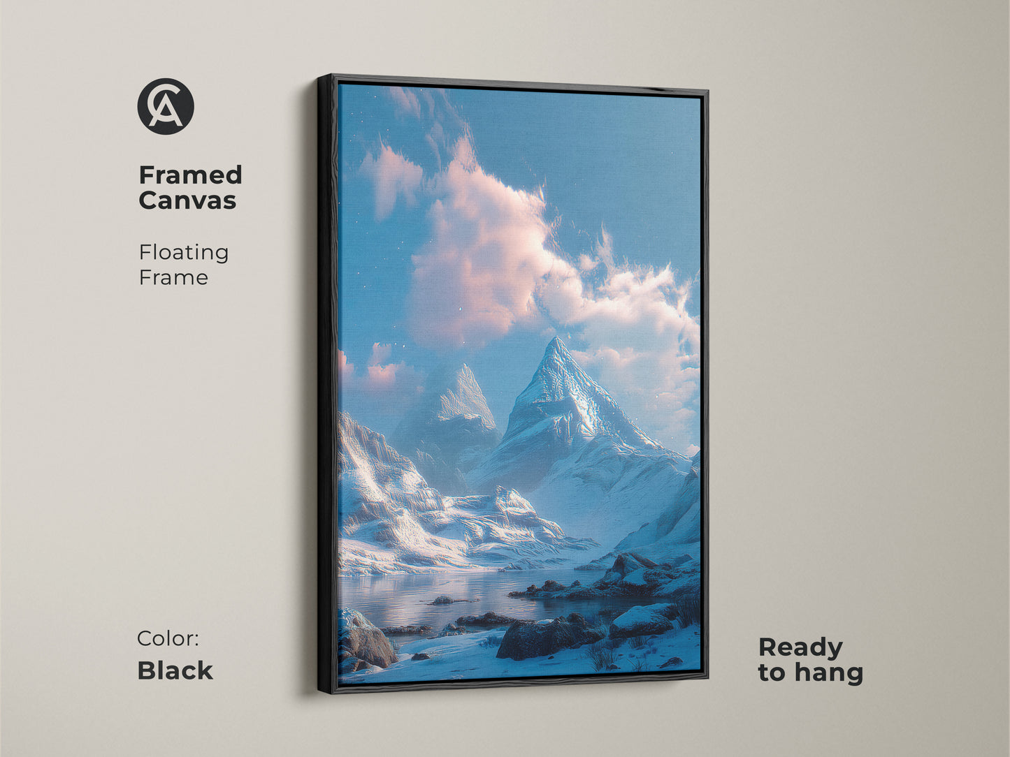 Framed canvas art of a winter mountain landscape with a floating frame. The black frame adds a modern touch to the serene snow-covered peaks and lake scene. This ready-to-hang piece brings a gallery-quality artwork.