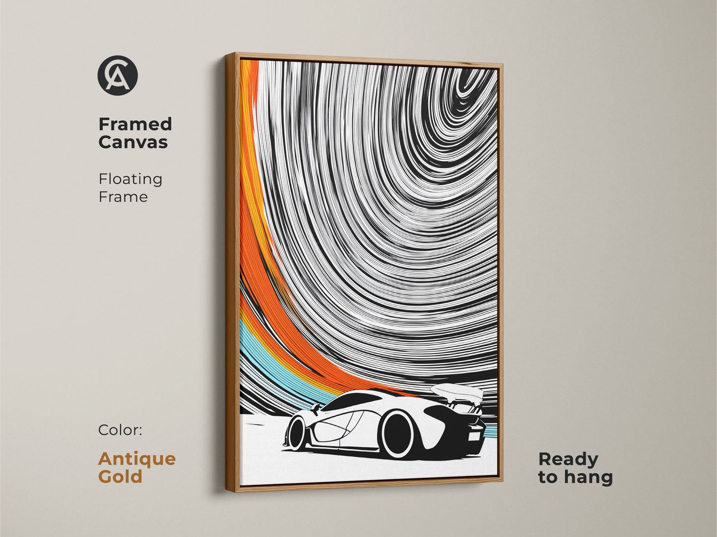 The antique gold framed canvas showcases vibrant abstract motion art. This contemporary car artwork is ready to hang and enjoy. Its floating frame enhances the speed swirl wall art. This modern automotive canvas is a statement piece. Perfect for any office or man cave.