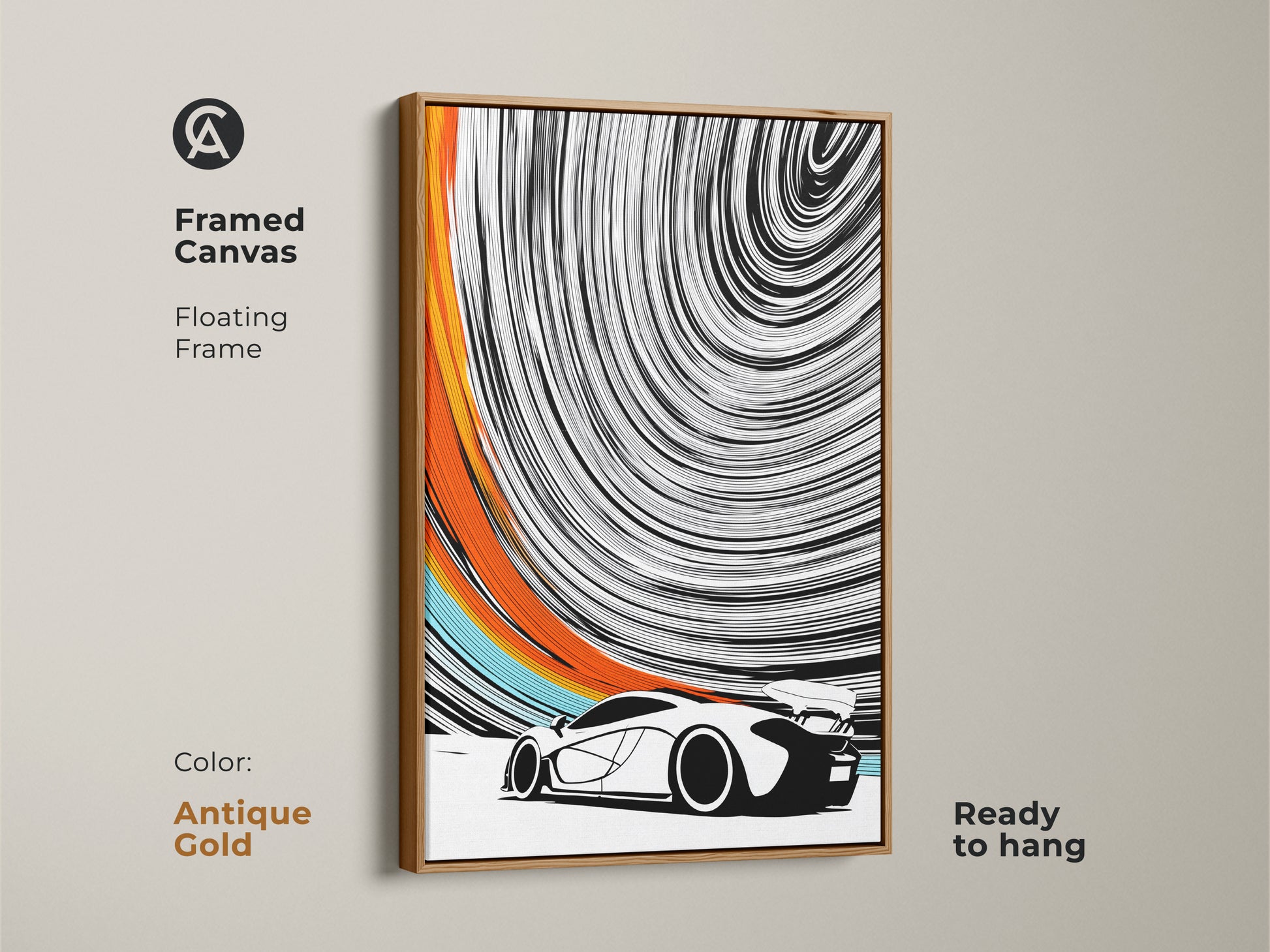 The antique gold framed canvas showcases vibrant abstract motion art. This contemporary car artwork is ready to hang and enjoy. Its floating frame enhances the speed swirl wall art. This modern automotive canvas is a statement piece. Perfect for any office or man cave.