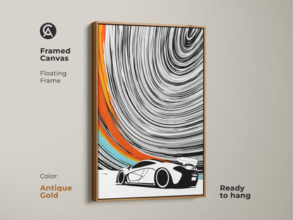 The antique gold framed canvas showcases vibrant abstract motion art. This contemporary car artwork is ready to hang and enjoy. Its floating frame enhances the speed swirl wall art. This modern automotive canvas is a statement piece. Perfect for any office or man cave.