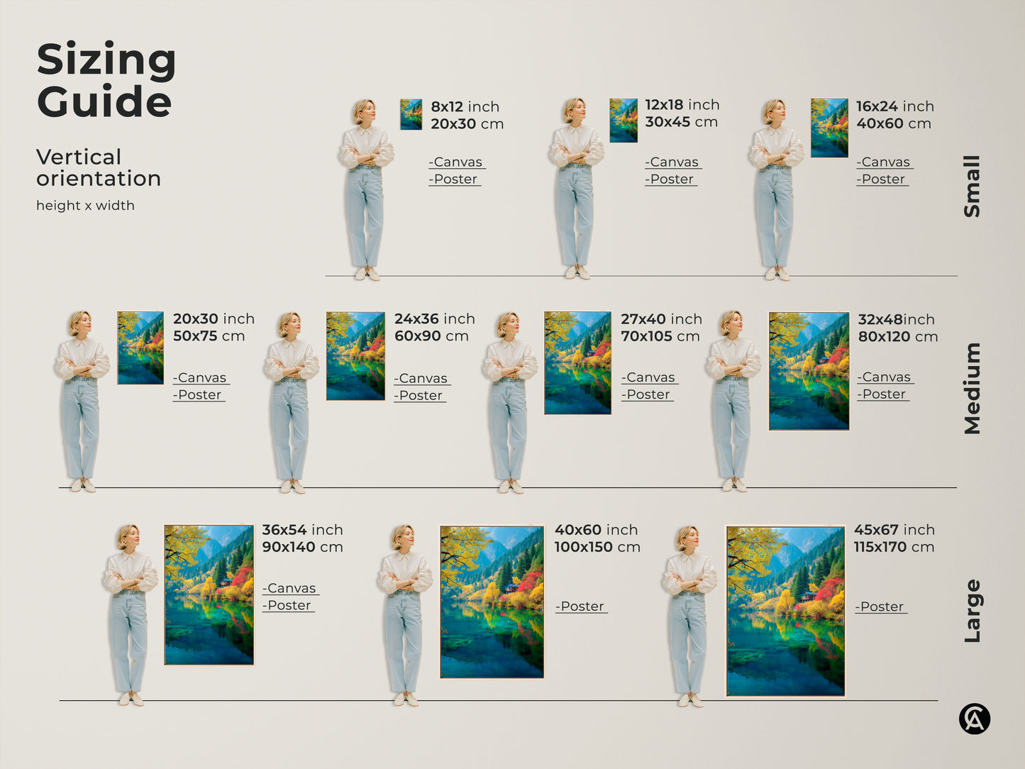 Sizing guide for vertical lake artwork. See how different sizes of canvas and poster prints fit with model. Find the perfect dimensions to enhance your space. Explore our range of sizes to bring this tranquil nature scene into your home.
