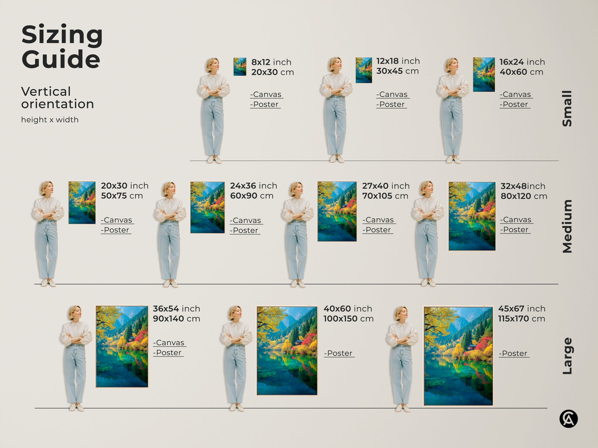Sizing guide for vertical lake artwork. See how different sizes of canvas and poster prints fit with model. Find the perfect dimensions to enhance your space. Explore our range of sizes to bring this tranquil nature scene into your home.