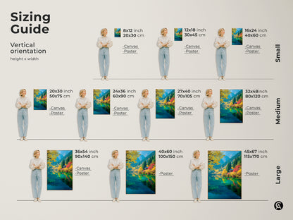 Sizing guide for vertical lake artwork. See how different sizes of canvas and poster prints fit with model. Find the perfect dimensions to enhance your space. Explore our range of sizes to bring this tranquil nature scene into your home.
