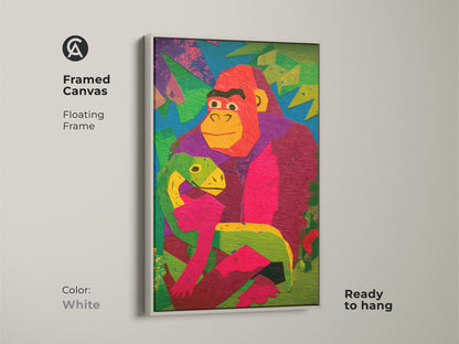 Framed canvas print featuring a white floating frame. The art shows a colorful geometric gorilla holding a baby dinosaur. This eclectic animal canvas art is ready to hang. The abstract print is perfect for a kids' room or nursery.